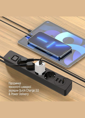 Мережевий фільтр-подовжувач СolorWay 4 розетки/3USB (2USB-A + 1 TYPE-C) (24W) Black 2M (CW-CHE432PDB) Colorway (339080911)