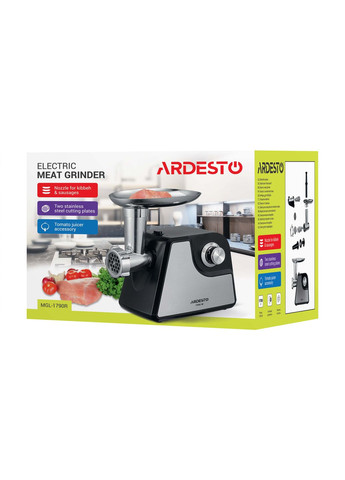 М'ясорубка, 1700Вт, 1.6кг/хв, 2 решітки, насадка для ковбас, кеббе, томатів, пластик/метал, чорно-срібний Ardesto (344558082)