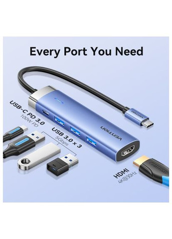 Концентратор USB 3.1 Type-C to HDMI/USB 3.0x3/PD 100W Blue Aluminum Alloy Hub 5-in-1 (TGESB) Vention USB 3.1 Type-C to HDMI/USB 3.0x3/PD 100W Blue Alum (366664024)