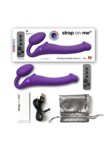 Безремінний страпон з вібрацією Strap-On-Me Vibrating Violet M, діаметр 3,8 см, пульт ДК, регульований No Brand (366877659)