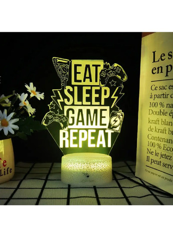 Настільний 3D LED нічник з написом пультом живленням від USB 16 кольорів світіння (480832-Prob) Eat Sleep Game Repeat Unbranded (345559553)