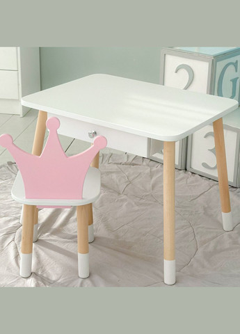 Детский столик белый и стульчик корона бело-розовый. Столик с ящиком для карандашей и раскрасок 56787 No Brand (361259125)