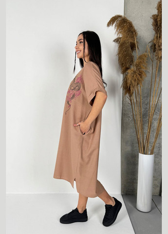 Бежевое повседневный, кэжуал невероятное платье оверсайз длины меди с дизайнерской вышивкой оверсайз INNOE однотонное