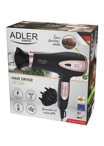 Фен AD 2248 black 2200Вт/ 2 скорости/ хол.обдув/ темп.режимов-3/ ионизация/ насадки - 2 шт. Adler (360396408)