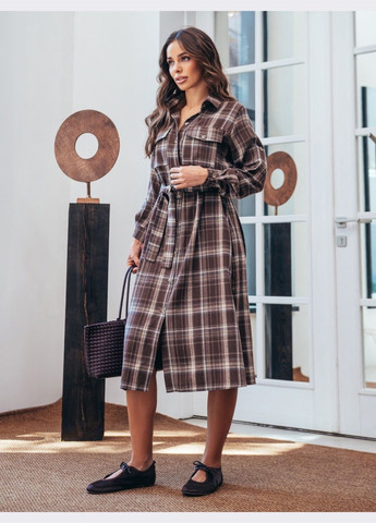 Коричнева кежуал сукня-сорочка коричневого кольору в клітинку та з поясом сукня-сорочка Dressa в клітинку