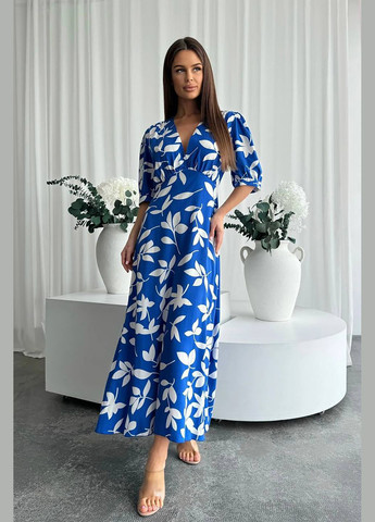 Синее праздничный, повседневный, кэжуал, коктейльное легкое элегантное платье меди длины a-силуэта а-силуэт InFashion с цветочным принтом