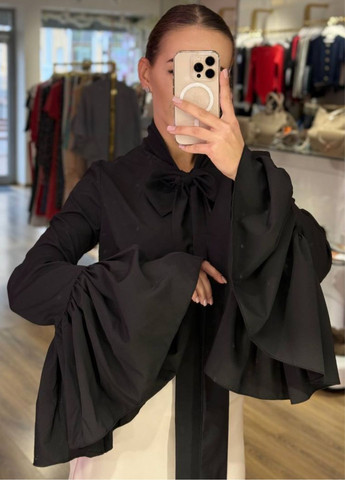 Чёрная изысканная легкая свободная летняя блузка с длинными свободными рукавами и воротником-шарфиком Tik-Tak