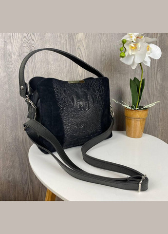 Замшева жіноча сумка чорна через плече під рептилію, невелика жіноча сумочка зміїна натуральна замша No Brand (334730184)