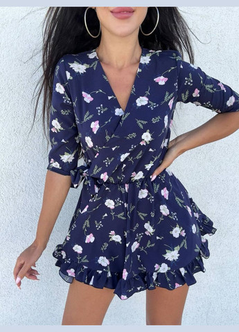 Стильный легкий комбинезон Vakko комбинезон-шорты цветочный тёмно-синий пляжный, повседневный, кэжуал софт