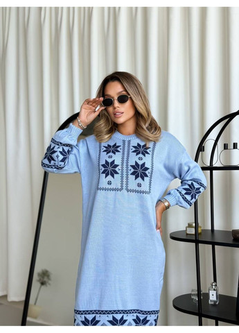 Голубое повседневный, кэжуал женское вязаное платье в этностиле No Brand с орнаментом