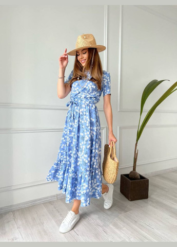Блакитна повсякденний жіноча сукня в квіточку софт No Brand з квітковим принтом