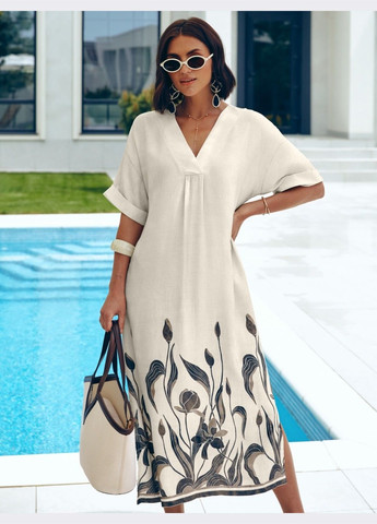 Бежевое кэжуал платье свободного кроя с цветочным принтом по подолу бежевое оверсайз Dressa с цветочным принтом