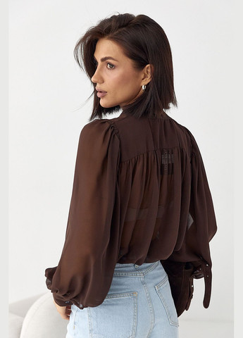 Коричнева прозора блуза з рукавами-ліхтариками Lurex