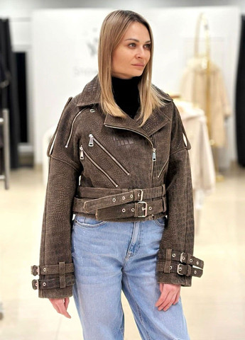 Коричнева демісезонна жіноча шкіряна косуха з імітацією під рептилію Ece