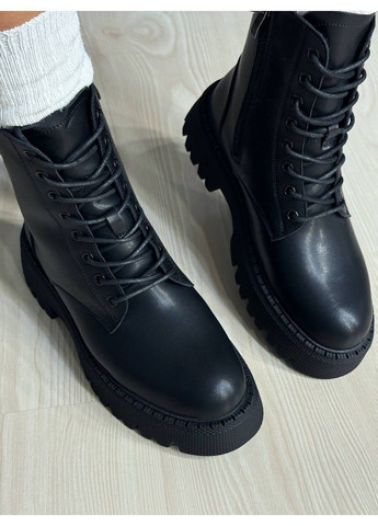 Зимние ботинки женские 672 кожаные утепленные на тракторной подошве черные Hengji из искусственной кожи