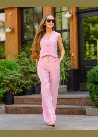 Жіночий брючний костюм, жилет та штани льон Світло-рожевий Maybel (297589633)