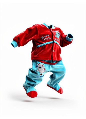 Комбінований демісезонний теплий дитячий велюровий костюм (кофточка +повзунки) червоно - голубий (0195) Nicol