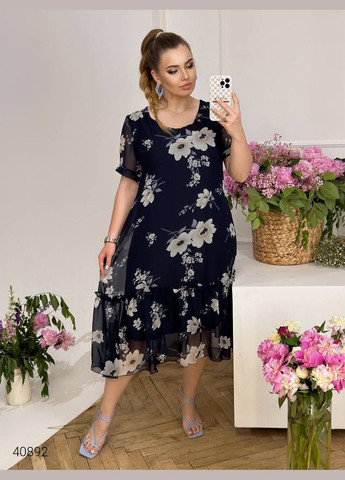 Темно-синя повсякденний сукня шифонова великих розмірів Liton з квітковим принтом