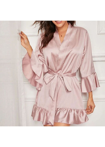 Халат мини атласный женский декорированный оборками на запах рукав три четверти No Brand Халат міні атласний жіночий Сирена пудровий (367089594)
