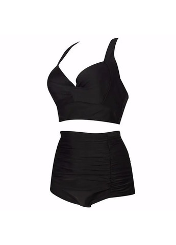 Черный летний раздельный женский купальник из плотного эластана с косточками и пушапом. купальник с завышенной талией большие черный, 2xl China