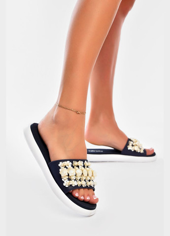Темно-синие шлепки женские темно-синего цвета с бусинками Let's Shop с бусинами