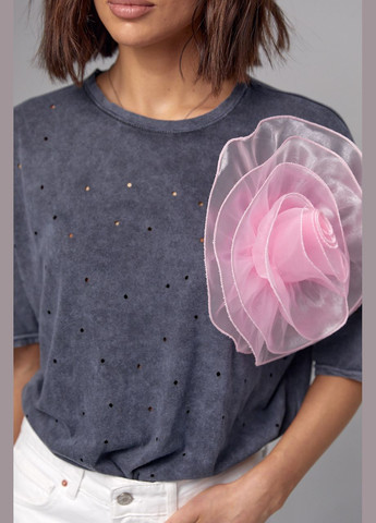 Сіра літня футболка тай-дай прикрашена об'ємною квіткою Lurex