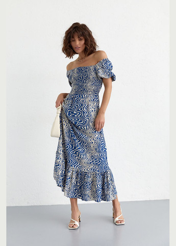 Синее пляжное летнее платье макси с эластичным верхом 5554-1 Lurex с абстрактным узором