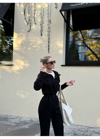 Комбинезон No Brand комбинезон-брюки однотонный чёрный спортивный, кэжуал трехнитка с начесом