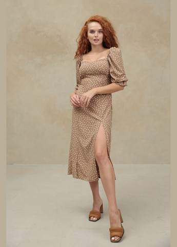 Бежева коктейльна, повсякденний, кежуал, джинсова елегантна пряма сукня з воланом по низу INNOE в горошок