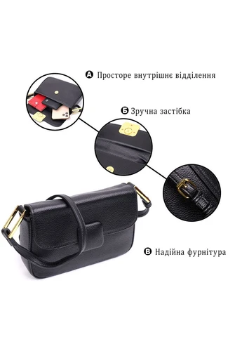Сумка лаконічна з жорстким каркасом з натуральної шкіри 22391 Чорна Vintage (393219083)