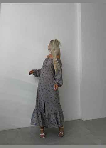 Темно-бежева коктейльна, ділова, повсякденний, відвертий, вечірня, святковий сукня жіноча з відкритими плечима No Brand з квітковим принтом