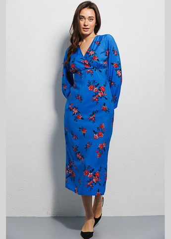 Синя сукня міді з довгими рукавами синя в квіточку Arjen