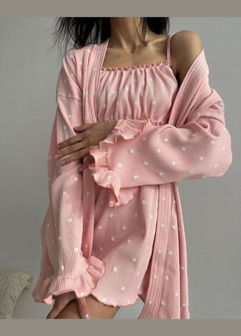 Розовая качественная пижамка из принтованного рубчика в розовом цвете, нежная комфортная пижама (халат+рубашка) No Brand 861