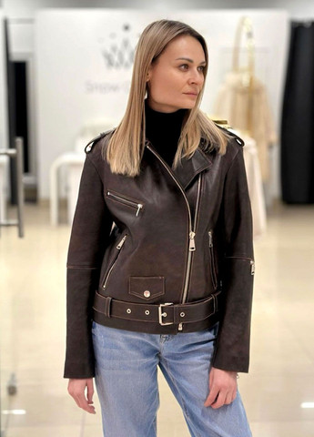 Коричнева демісезонна жіноча куртка косуха з коричневої вінтажної шкіри косуха Ece