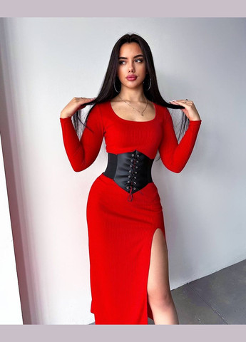 Красное повседневный женское платье с корсетом трикотаж в рубчик No Brand