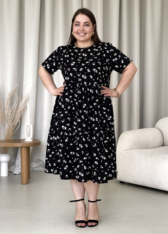 Черное пляжное, повседневный, кэжуал летнее свободное платье трапеция из штапеля в цветочек клеш, а-силуэт Merlini с цветочным принтом