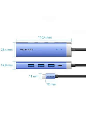 Док-станція USB3.1 Type-C --> HDMI 4K30Hz/USB 3.0x3/PD 100W Blue Aluminum Alloy Hub 5-in-1 Vention (315503683)