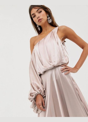 Пудрова сатинова віскозна сукня міді на одне плече Asos