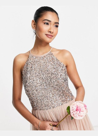 Бежевое коктейльное, вечернее, праздничный платье миди с отделкой пайетками вечерняя maya клеш Asos