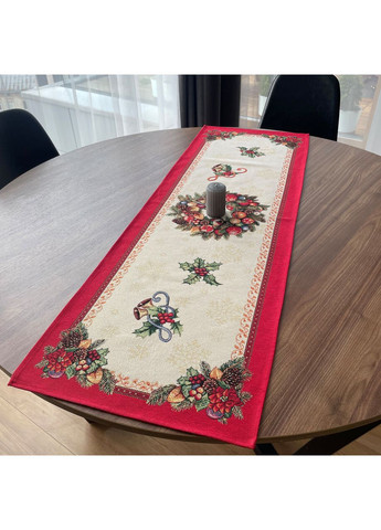 Новорічна гобеленова червона доріжка на стіл, настільна доріжка ранер новорічний з золотим люрексом Maystat (369505165)