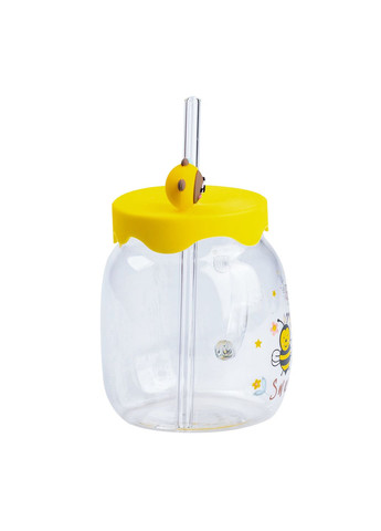 Чашка скляна 500 мл із силіконовою кришкою та трубочкою Happy Life (326066399)