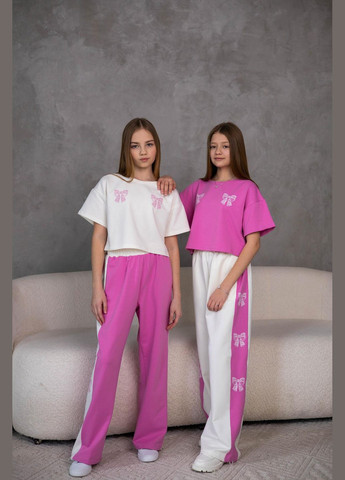 Рожевий літній комплект "бантики" з рожевою футболкою брючний IRmAS оверсайз
