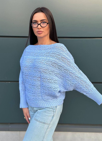 Голубой демисезонный стильный вязаный свитер с манжетами на рукавах Allthings
