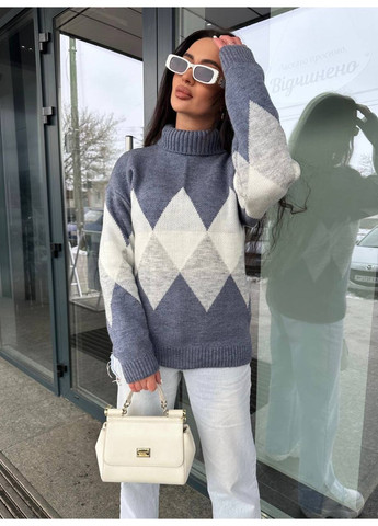 Сіро-голубий зимовий теплий напіввовняний светр romb з високим горлом! пуловер BANG__BOOOM