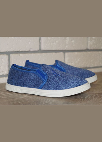 Синие слипоны для мальчика синие Blue Rama с вышивкой, с белой подошвой, с логотипом