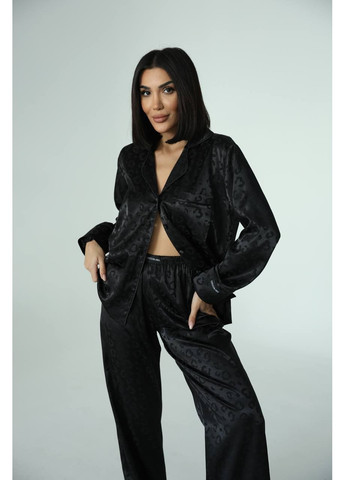 Черная всесезон женская пижама | чёрный леопард премиум рубашка + брюки Vital-Textile 1249