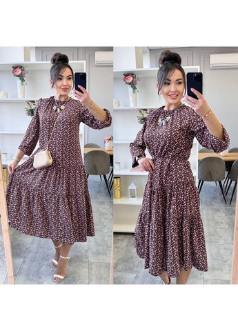 Коричневое праздничный, повседневный, кэжуал женское платье свободного кроя а-силуэт Style Point с цветочным принтом