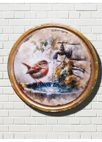 Разделочная доска круглая 20 см из бука, декупаж, птичка пьет воду Handmade (362135510)