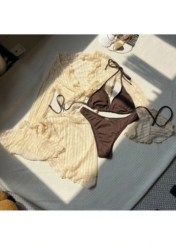 Кораловий пляжний комплект : купальник, спідничка та топ s, m, l No Brand