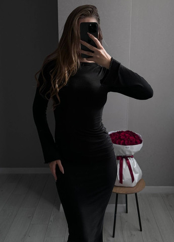 Чорна вечірня вишукана приталена вечірня міді сукня з довгими розкльошеними рукавами та відкритою спинкою з відкритою спиною Tik-Tak однотонна